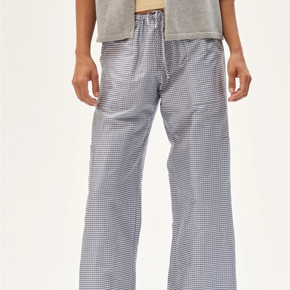 NWT DONNI. Blue and White Gingham Silk Taffeta Drawstring Cargo Pants